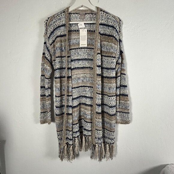 Chico's Womens Open Front Cardigan Sweater Fringe Trim Striped Knit Size 0 New - Picture 1 of 7